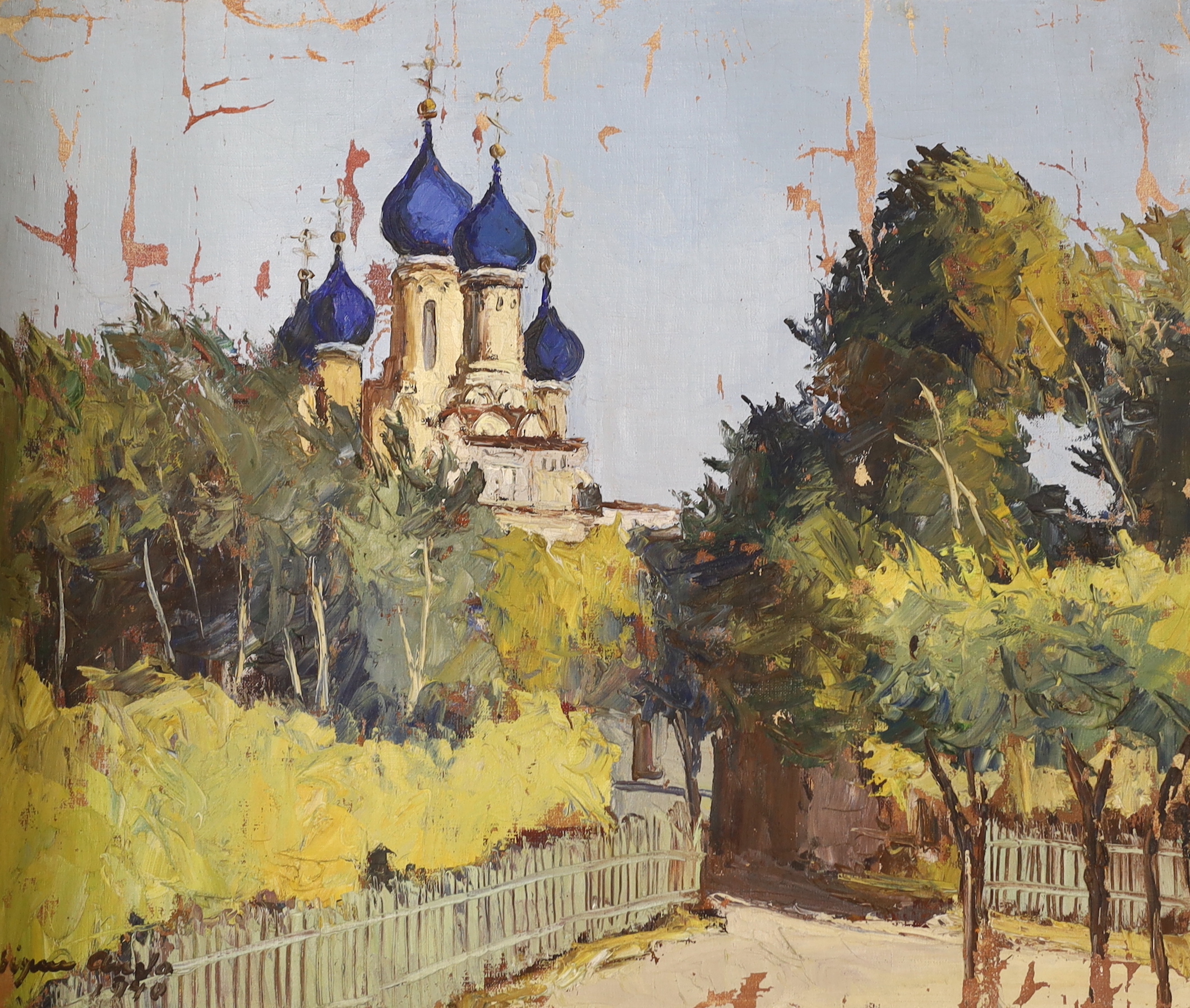 Impressionist oil on unstretched canvas, 'Shanghai, St Nicholas Church', indistinctly signed and dated 1940, 54 x 63cm
